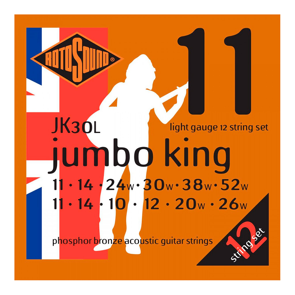 Encordadura RotoSound para guitarra acústica/electroacústica Jumbo King de 12 cuerdas calibre super ligero juego 1 en medidas 11, 14, 24w, 30w, 38w y 52w, juego 2 en medidas 11, 14, 10, 12, 20w y 26w, de entorchado en fósforo de bronce. 