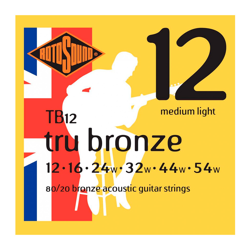 Encordadura RotoSound para guitarra acústica/electroacústica Tru Bronze de 6 cuerdas calibre medio-ligero 12, 16, 24w, 32w, 44w y 54w, de entorchado en bronce 92/8 y latón 80/20. TB12
