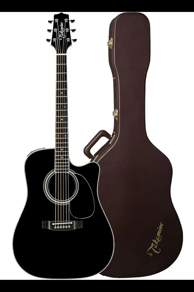 TAKAMINE GUITARRA LEGACY SERIE E  DREADNOUGHT ACABADO NEGRO BRILLANTE CON BORDES Y ACENTOS BLANCOS CON ESTUCHE SEMI-RIGIDO EF341SC