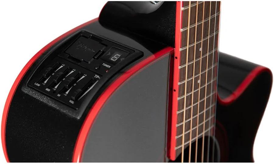 GF49CECB Guitarra electroacústica con tapa de abeto y sápele con acabado Cosmic Black Sparkle y encuadernación roja 