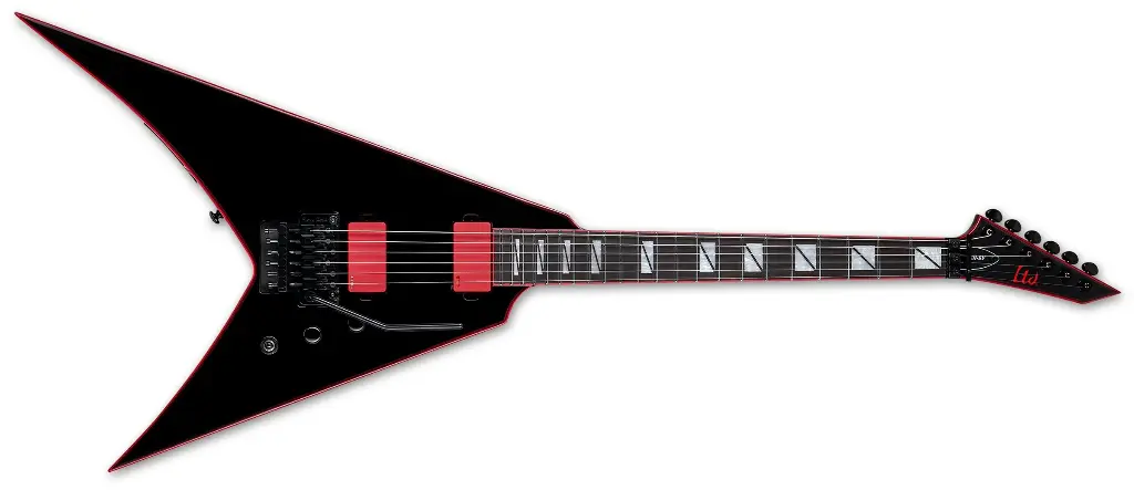 LGHSVBLK  Guitarra eléctrica de forma V acabado negro y encuadernación roja