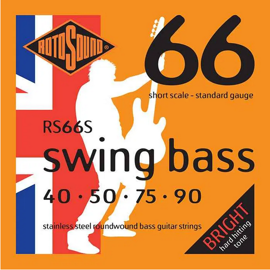 Encordadura Rotosound RS66S Swing Bass 66 para bajo eléctrico de escala corta (short scale), calibre regular .045–.105. Fabricadas con núcleo de acero y entorchado en acero inoxidable, ofrecen un tono brillante, ataque definido y gran presencia, ideales para estilos rock, funk y música con carácter. RS66S