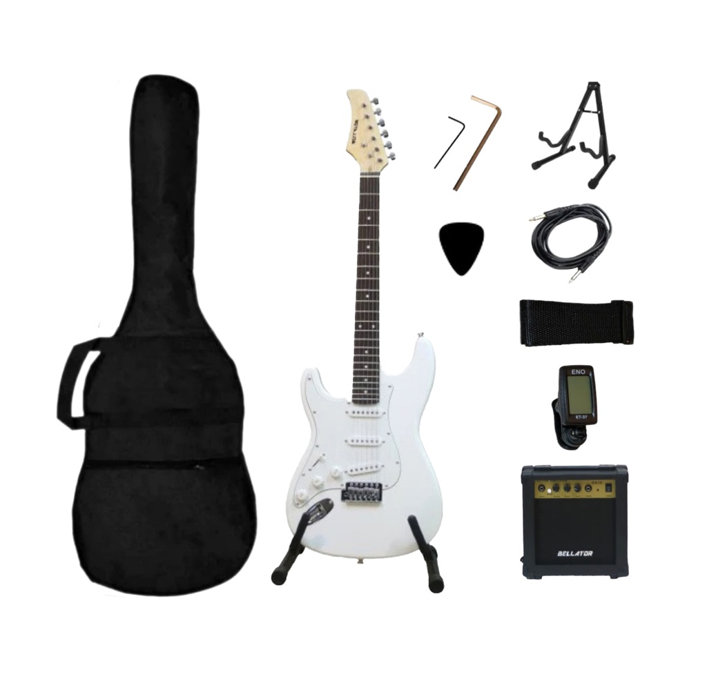 PAQUETE DE GUITARRA ELÉCTRICA STRAT ZURDA BELLATOR NEG10WSTL-WH