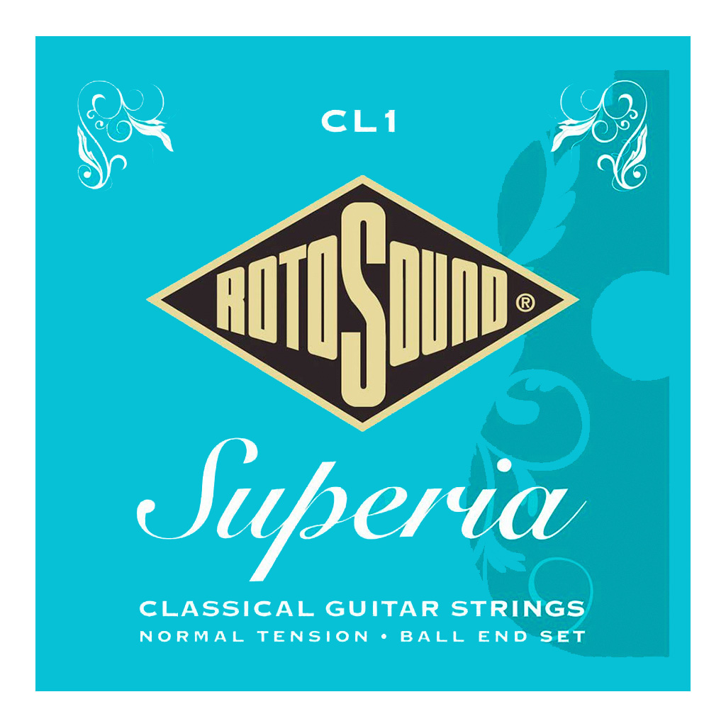 Encordadura Rotosound para guitarra clásica Superia Classical de 6 cuerdas tensión normal en nailon transparente y entorchado de cobre plateado con borla. CL1
