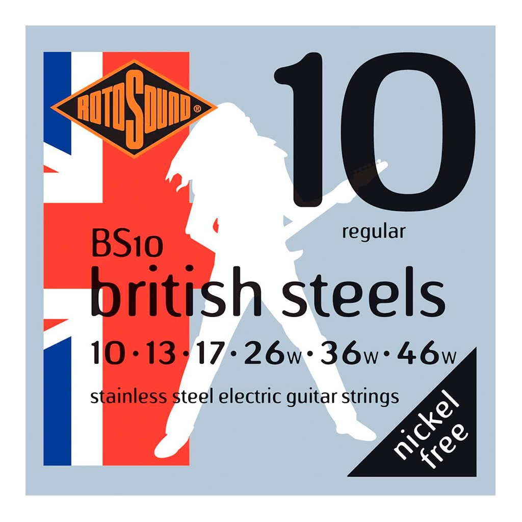 Encordadura RotoSound para guitarra eléctrica British Steels de 6 cuerdas calibre regular 10, 13, 17, 26w, 36w y 46w, entorchado en acero inoxidable. BS10