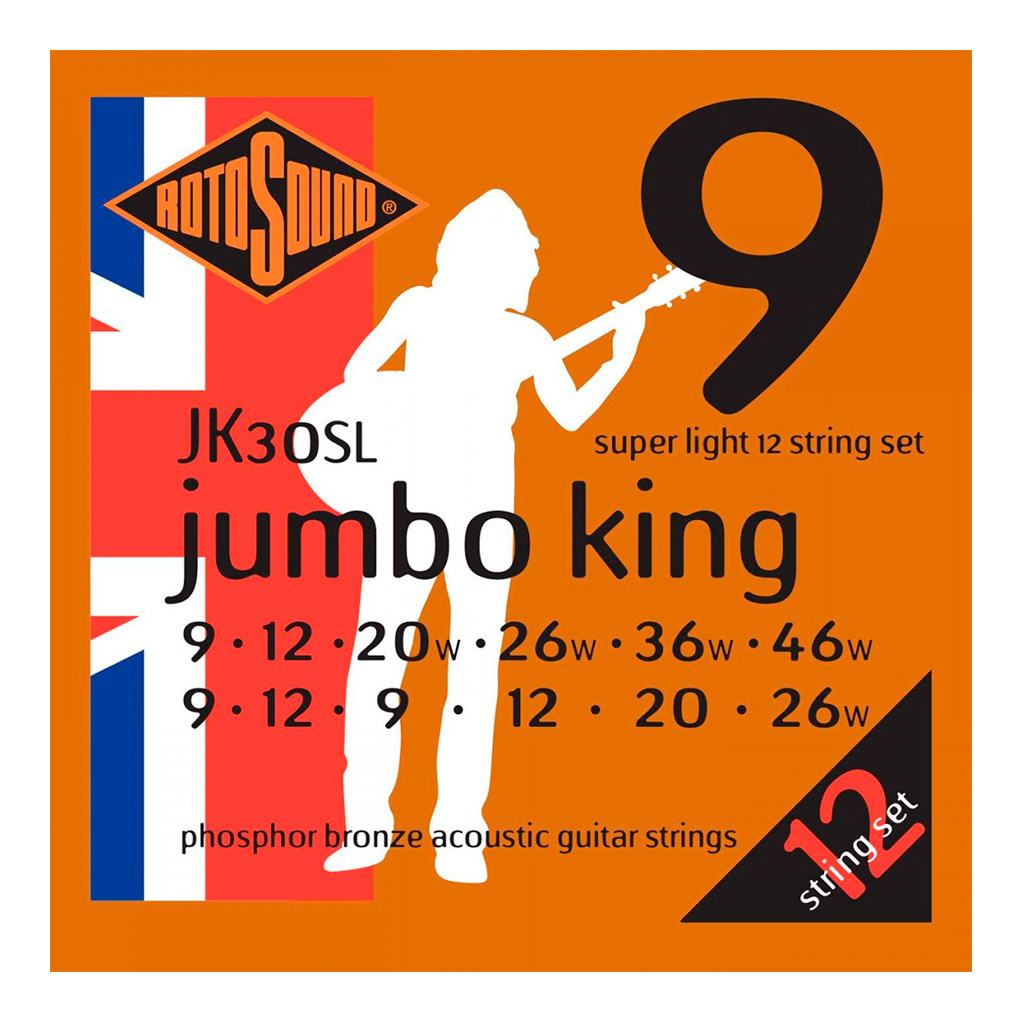 Encordadura RotoSound para guitarra acústica/electroacústica Jumbo King de 12 cuerdas calibre super ligero juego 1 en medidas 9, 12, 20w, 26w, 36w y 46w, juego 2 en medidas 9, 12, 9, 12, 20 y 26w, de entorchado en fósforo de bronce. JK30SL