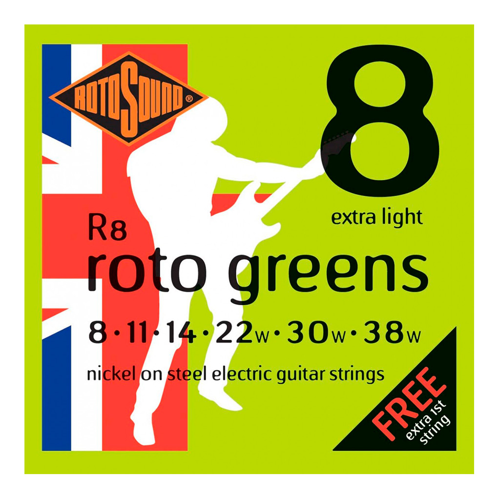 Encordadura RotoSound para guitarra eléctrica Roto Greens de 6 cuerdas calibre extra ligero 8, 11, 14, 22w, 30w y 38w, núcleo de acero entorchado en níquel. R8