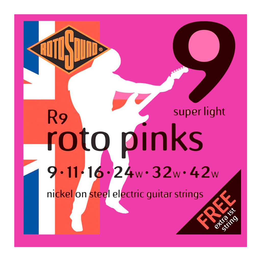 R9 Encordadura RotoSound para guitarra eléctrica Roto Pinks de 6 cuerdas calibre super ligero 9, 11, 16, 24w, 32w y 42w, núcleo de acero entorchado en níquel. 