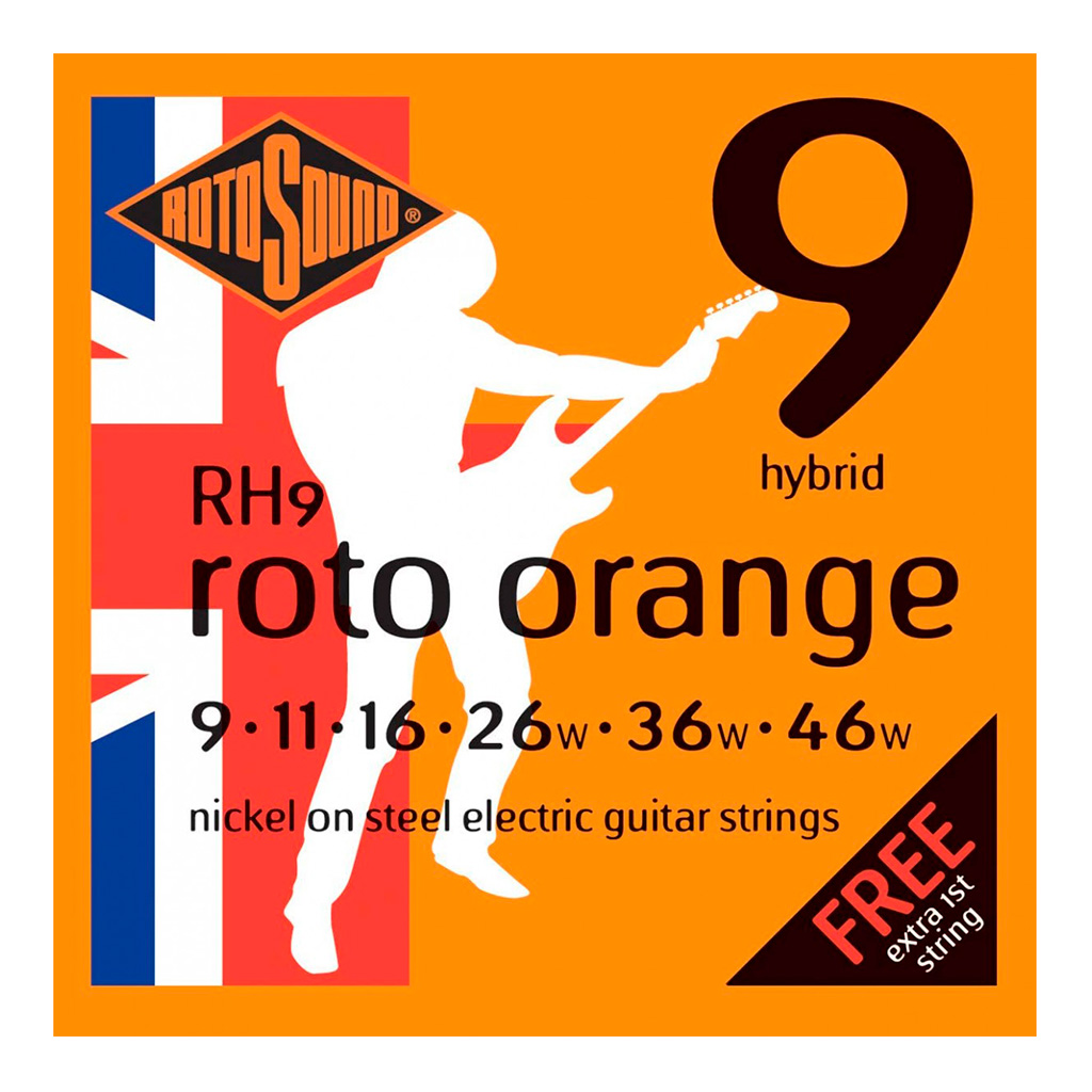Encordadura RotoSound para guitarra eléctrica Roto Orange de 6 cuerdas híbridas calibre super ligero 9, 11, 16, 26w, 36w y 46w, núcleo de acero entorchado en níquel. RH9