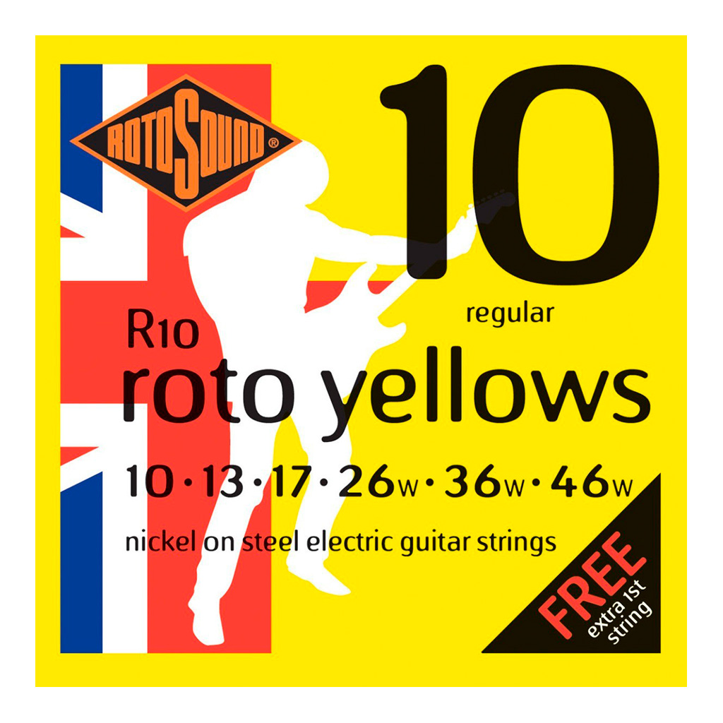 Encordadura RotoSound para guitarra eléctrica Roto Yellows de 6 cuerdas calibre regular 10, 13, 17, 26w, 36w y 46w, núcleo de acero entorchado en níquel. R10