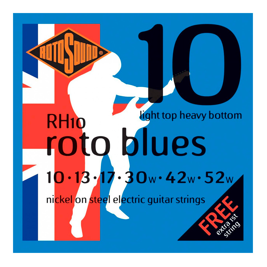 RH10 Encordadura RotoSound para guitarra eléctrica Roto Blues de 6 cuerdas calibre híbrido ligero/pesado 10, 13, 17, 30w, 42w y 52w, núcleo de acero entorchado en níquel. 