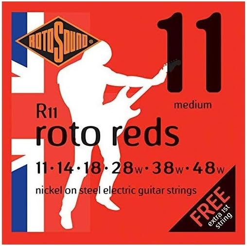 Encordadura RotoSound para guitarra eléctrica Roto Reds de 6 cuerdas calibre medio 11, 14, 18, 28w, 38w y 48w, núcleo de acero entorchado en níquel. R11