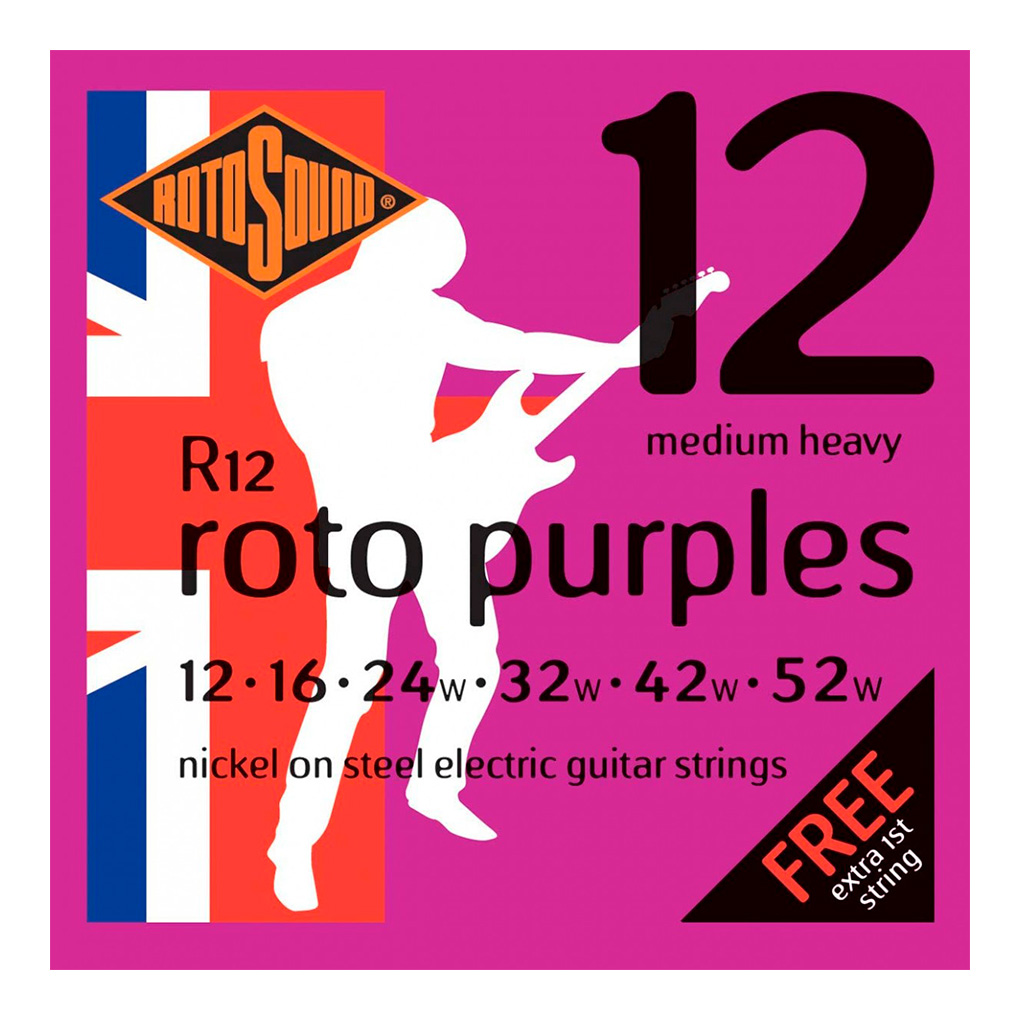Encordadura RotoSound para guitarra eléctrica Roto Purples de 6 cuerdas calibre medio-pesado 12, 16, 24w, 32w, 42w y 52w, núcleo de acero entorchado en níquel. R12