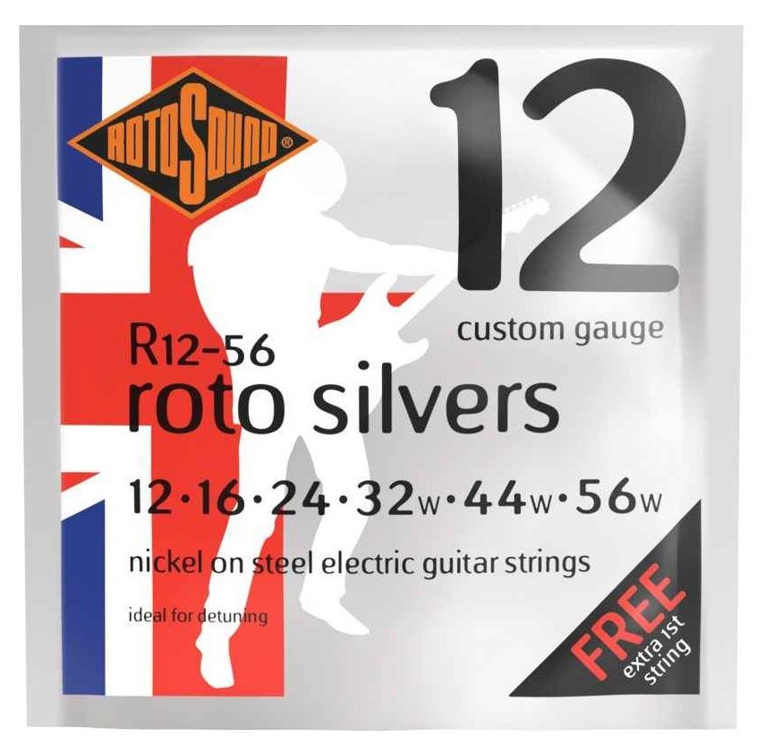 Encordadura RotoSound para guitarra eléctrica Roto Silvers de 6 cuerdas calibre custom 12, 16, 24, 32w, 44w y 56w, núcleo de acero entorchado en níquel. R12-56