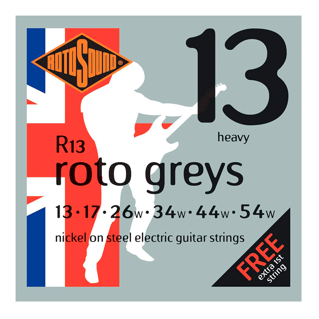 Encordadura RotoSound para guitarra eléctrica Roto Greys de 6 cuerdas calibre pesado 13, 17, 26w, 34w, 44w y 54w, núcleo de acero entorchado en níquel. R13