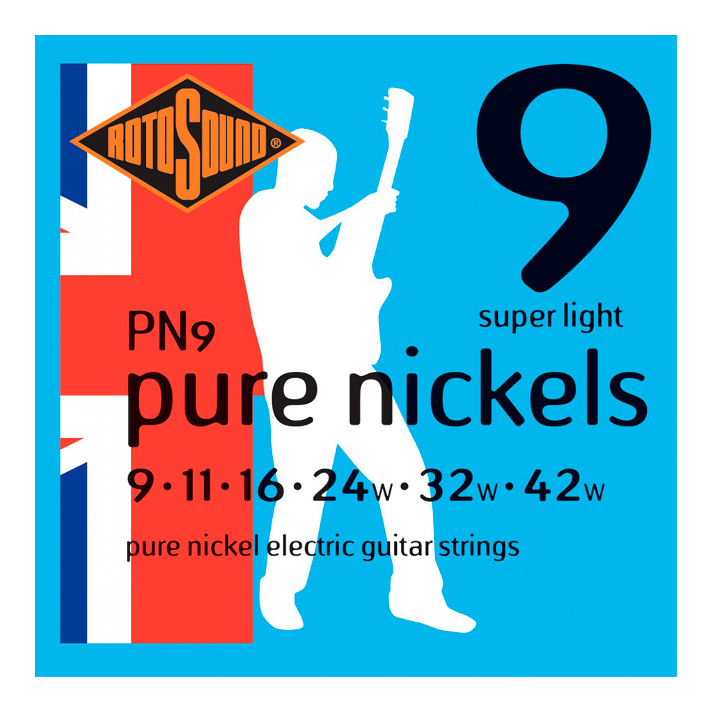 PN9 Encordadura RotoSound para guitarra eléctrica Pure Nickels de 6 cuerdas calibre super ligero 9, 11, 16, 24w, 32w y 42w de entorchado en níquel. 