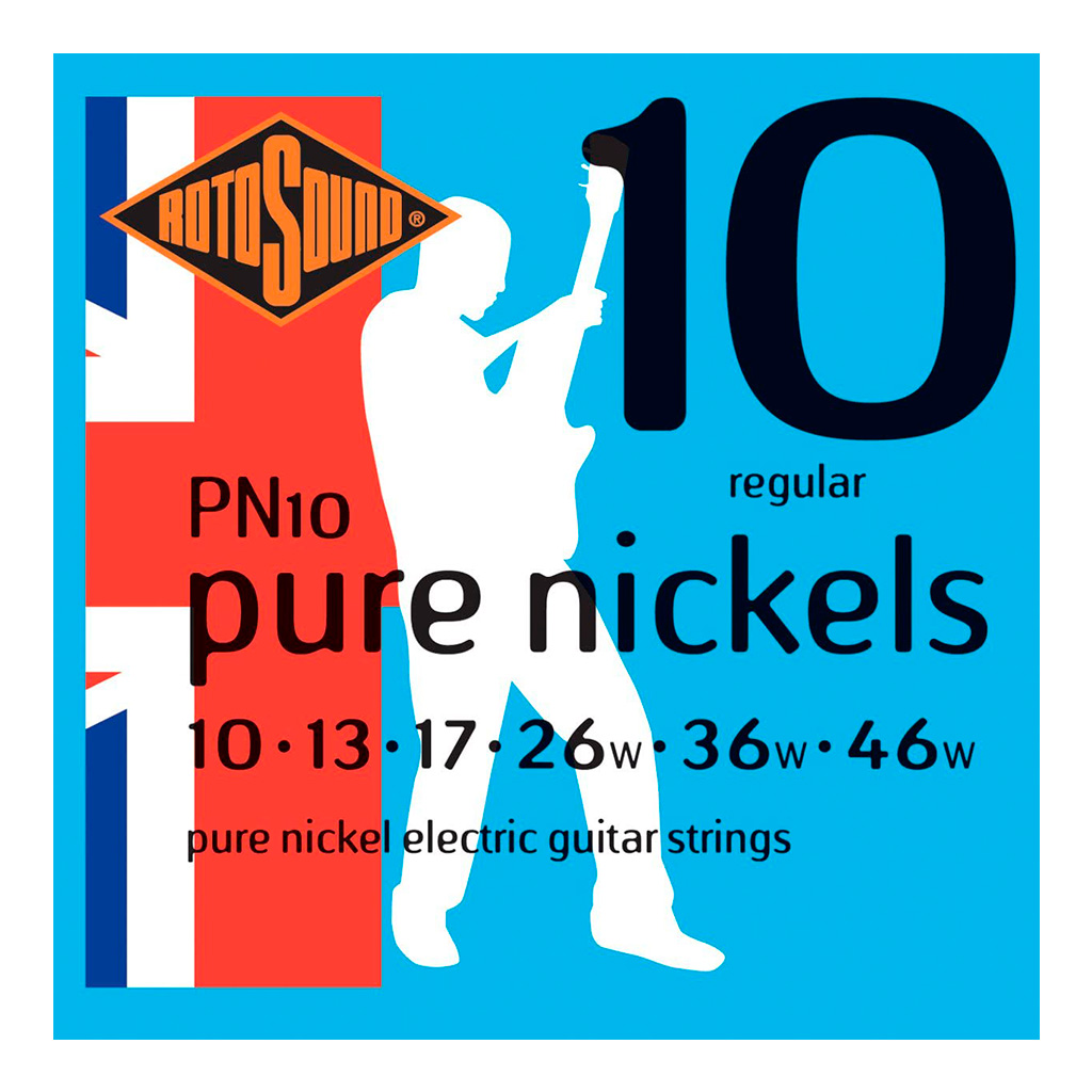 Encordadura RotoSound para guitarra eléctrica Pure Nickels de 6 cuerdas calibre regular 10, 13, 17, 26w, 36w y 46w de entorchado en níquel. PN10