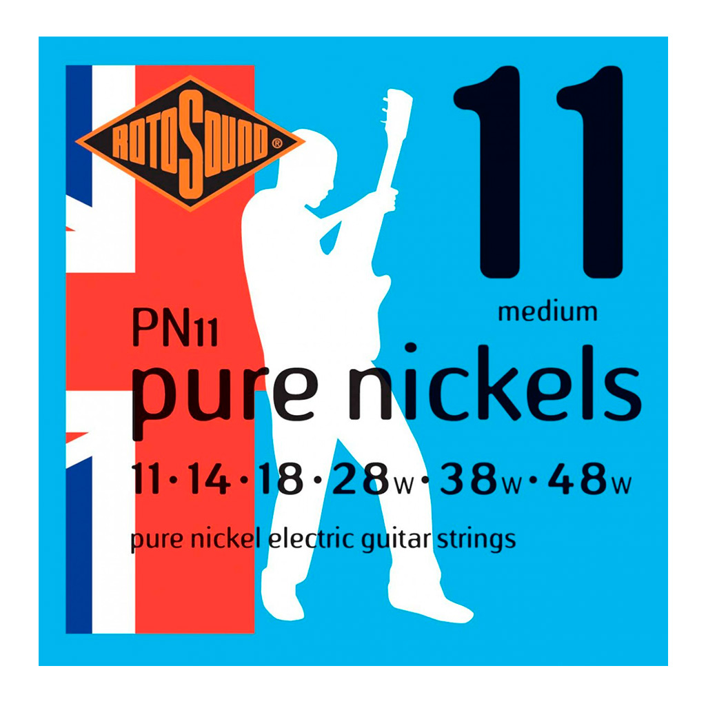PN11 Encordadura RotoSound para guitarra eléctrica Pure Nickels de 6 cuerdas calibre medio 11, 14, 18, 28w, 38w y 48w de entorchado en níquel. 