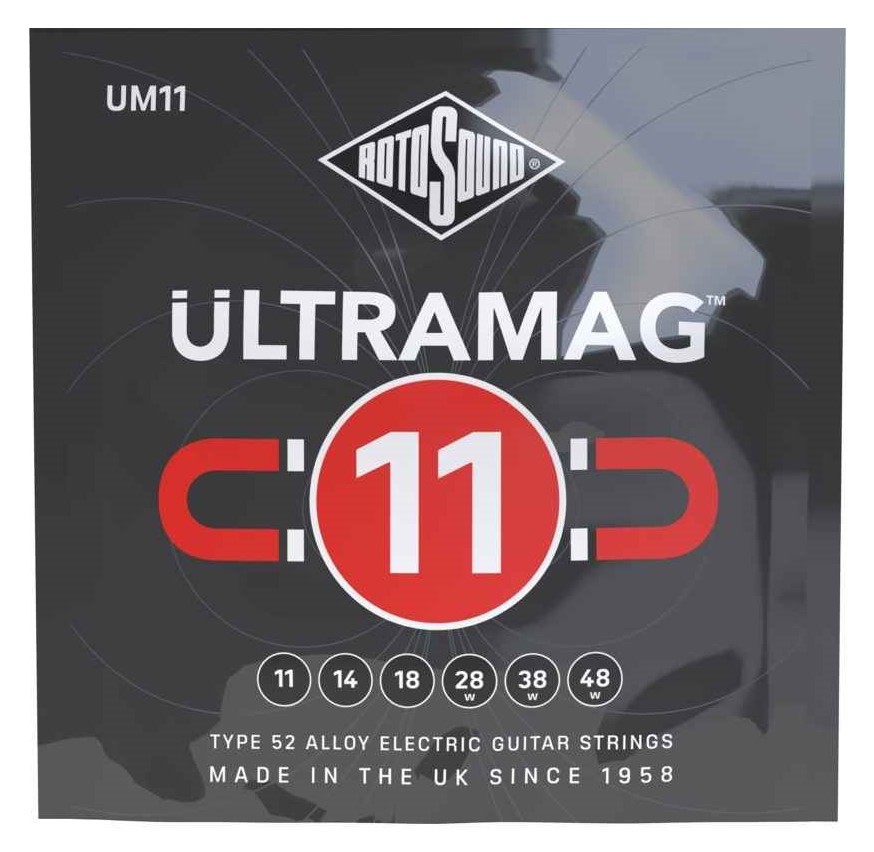 Encordadura RotoSound para guitarra eléctrica Ultramag de 6 cuerdas calibre regular 11, 14, 18, 28w, 38w y 48w, entorchado de 52% niquel y 48% hierro. UM11