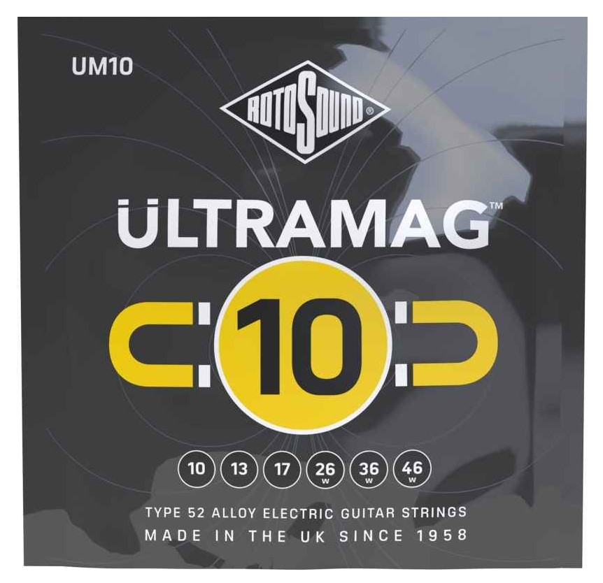 UM10 Encordadura RotoSound para guitarra eléctrica Ultramag de 6 cuerdas calibre regular 10, 13, 17, 26w, 36w y 46w, entorchado de 52% niquel y 48% hierro. 
