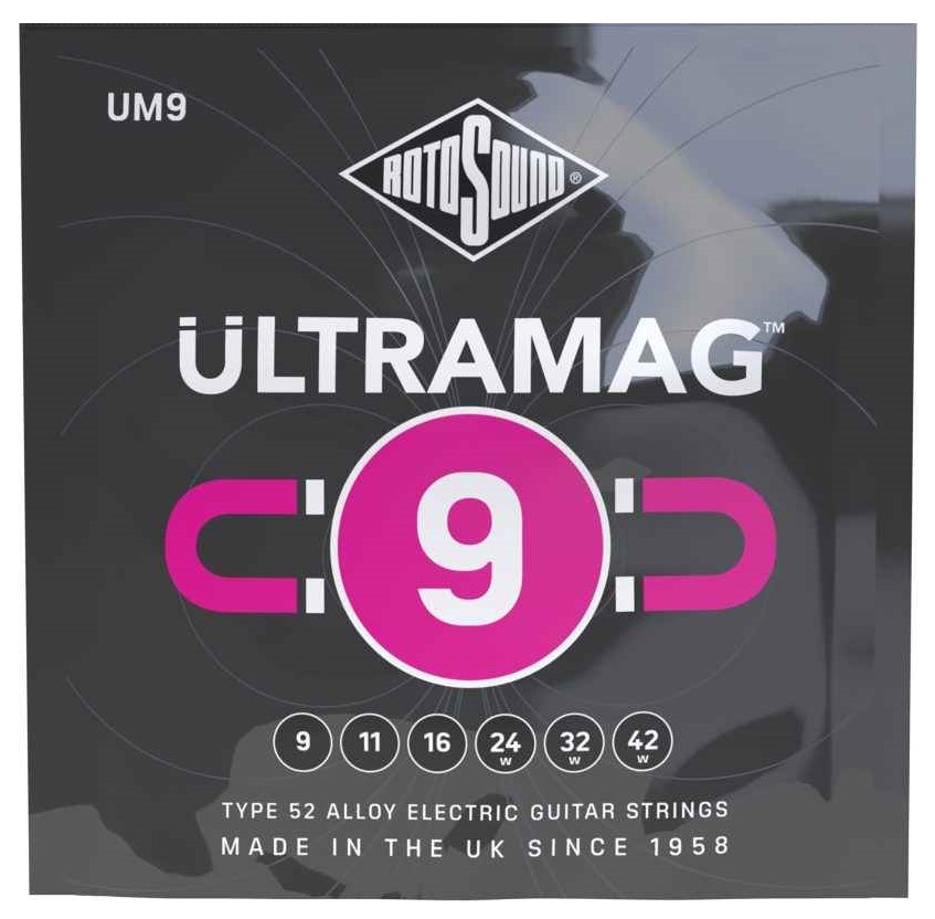 Encordadura RotoSound para guitarra eléctrica Ultramag de 6 cuerdas calibre super ligero 9, 11, 16, 24w, 32w y 42w, entorchado de 52% niquel y 48% hierro. UM9