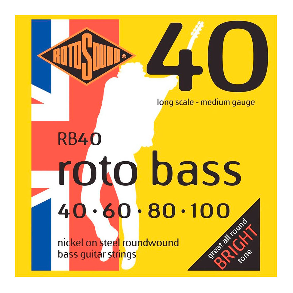 RB40 Encordadura híbrida RotoSound para bajo eléctrico Roto Bass de 4 cuerdas calibre medio 40, 60, 80 y 100, escala larga, núcleo de acero inoxidable y entorchado en níquel. 