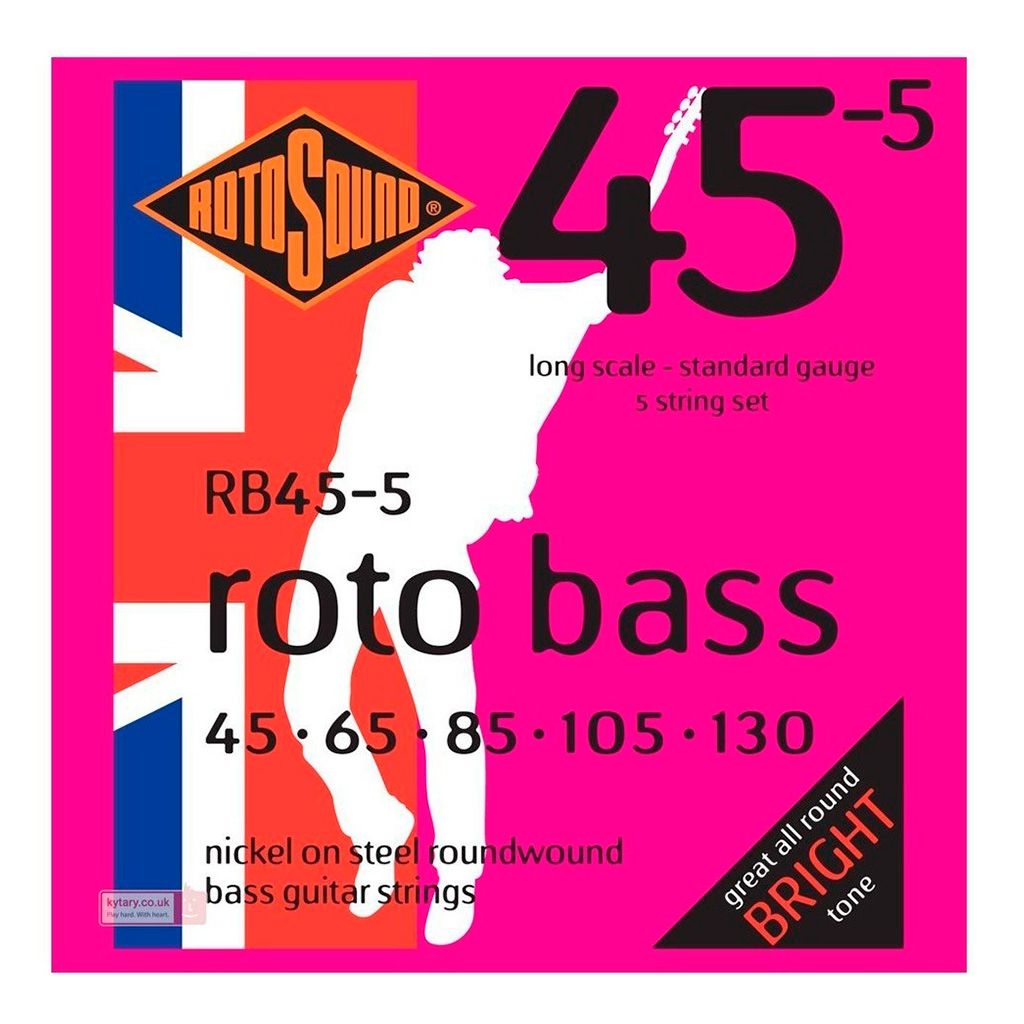 Encordadura RotoSound para bajo eléctrico Roto Bass de 5 cuerdas calibre estándar 45, 65, 85, 105 y 130, escala larga, núcleo de acero inoxidable y entorchado en níquel. RB45-5