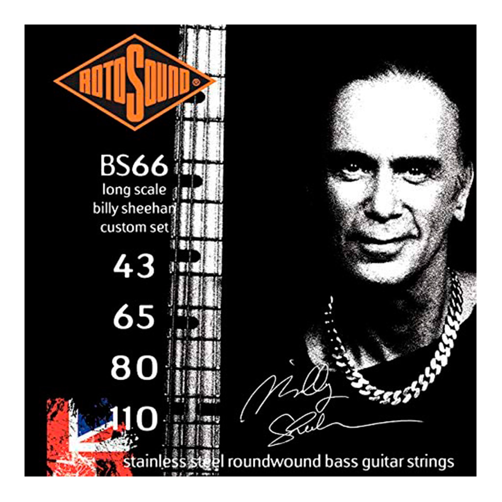Encordadura RotoSound para bajo eléctrico serie Signature Billy Sheehan de 4 cuerdas calibre custom 43, 65, 80 y 110, escala larga y entorchado en acero inoxidable. BS66