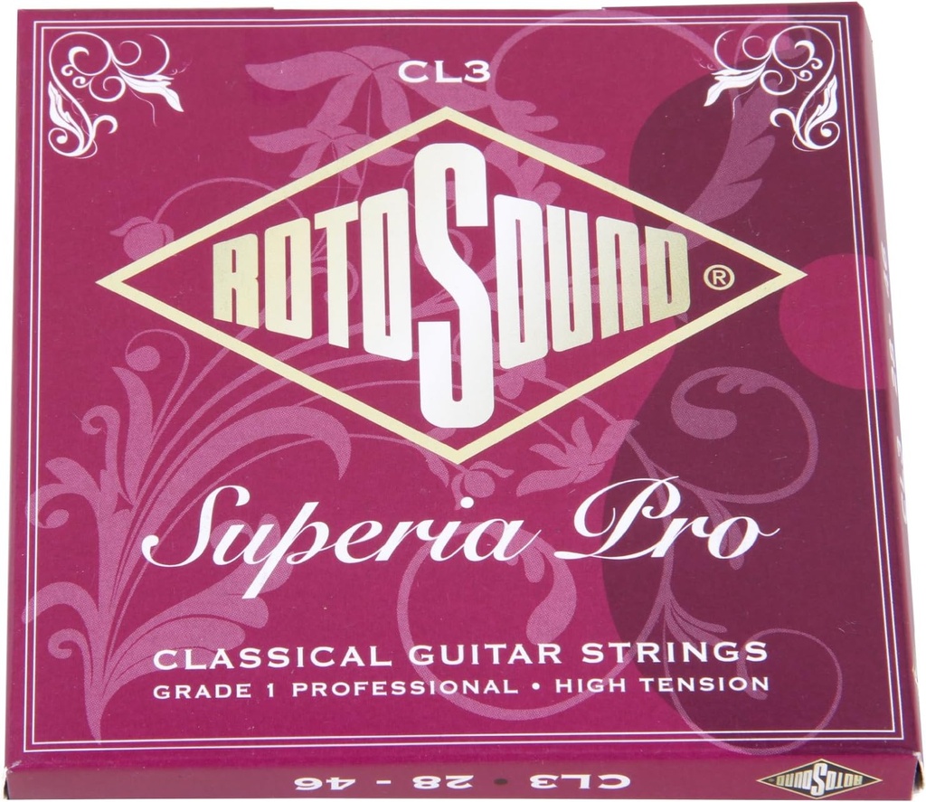 Encordadura Rotosound para guitarra clásica Superia Classical de 6 cuerdas tensión alta en nailon transparente y entorchado de cobre plateado. CL3