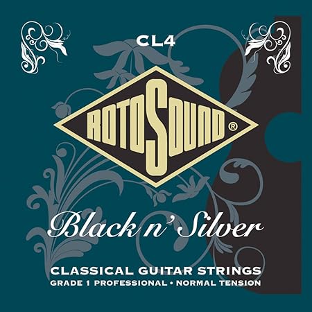 Encordadura Rotosound para guitarra clásica Superia Classical de 6 cuerdas tensión normal en nailon negro y entorchado de cobre plateado. CL4