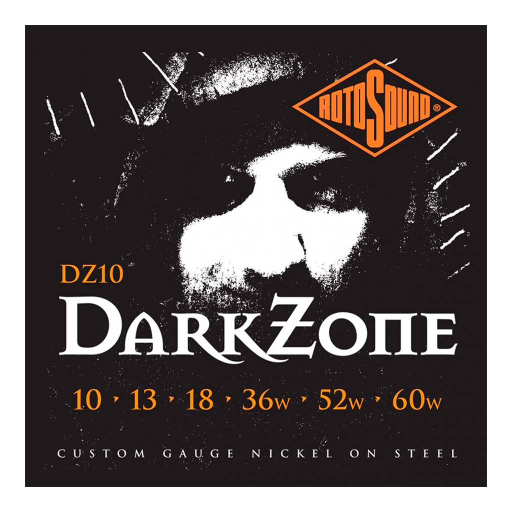 Encordadura RotoSound para guitarra eléctrica Dark Zone de 6 cuerdas calibre custom 10, 13, 18, 36w, 52w y 60w, núcleo de acero entorchado en níquel. DZ10