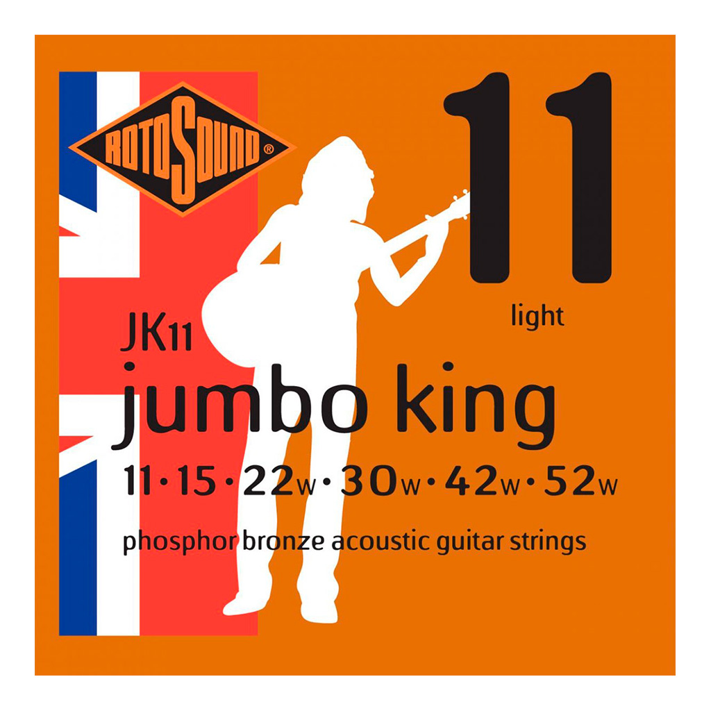 Encordadura RotoSound para guitarra acústica/electroacústica Jumbo King de 6 cuerdas calibre ligero 11, 15, 22w, 30w, 42w y 52w, de entorchado en fósforo de bronce. JK11