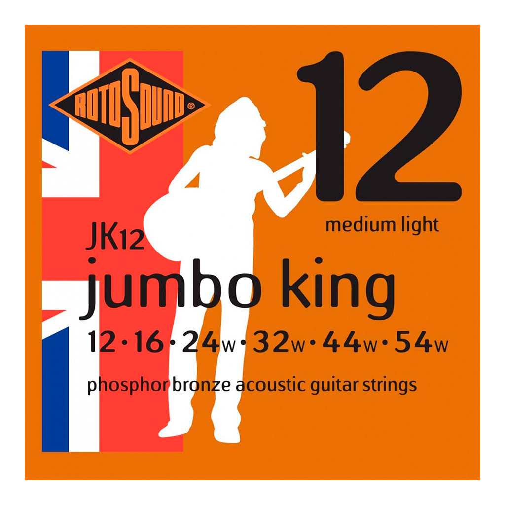 JK12 Encordadura RotoSound para guitarra acústica/electroacústica Jumbo King de 6 cuerdas calibre medio-ligero 12, 16, 24w, 32w, 44w y 54w, de entorchado en fósforo de bronce. 