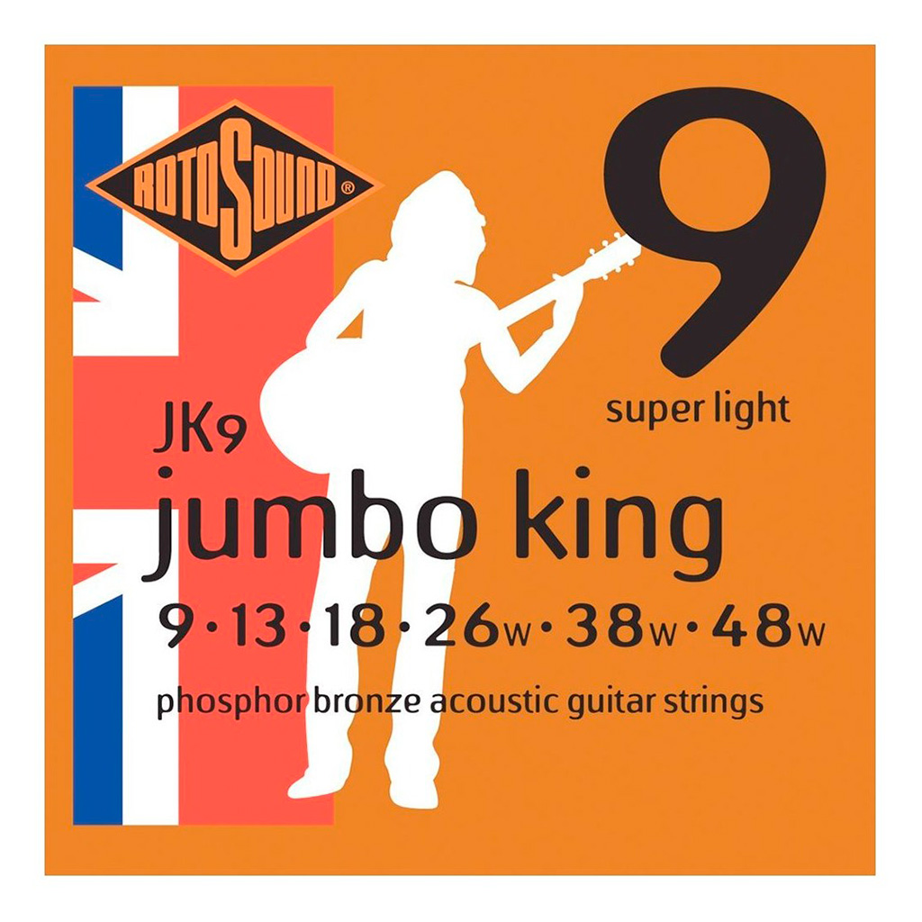 Encordadura RotoSound para guitarra acústica/electroacústica Jumbo King de 6 cuerdas calibre super ligero 9, 13, 18, 26w, 38w y 48w, de entorchado en fósforo de bronce. JK9