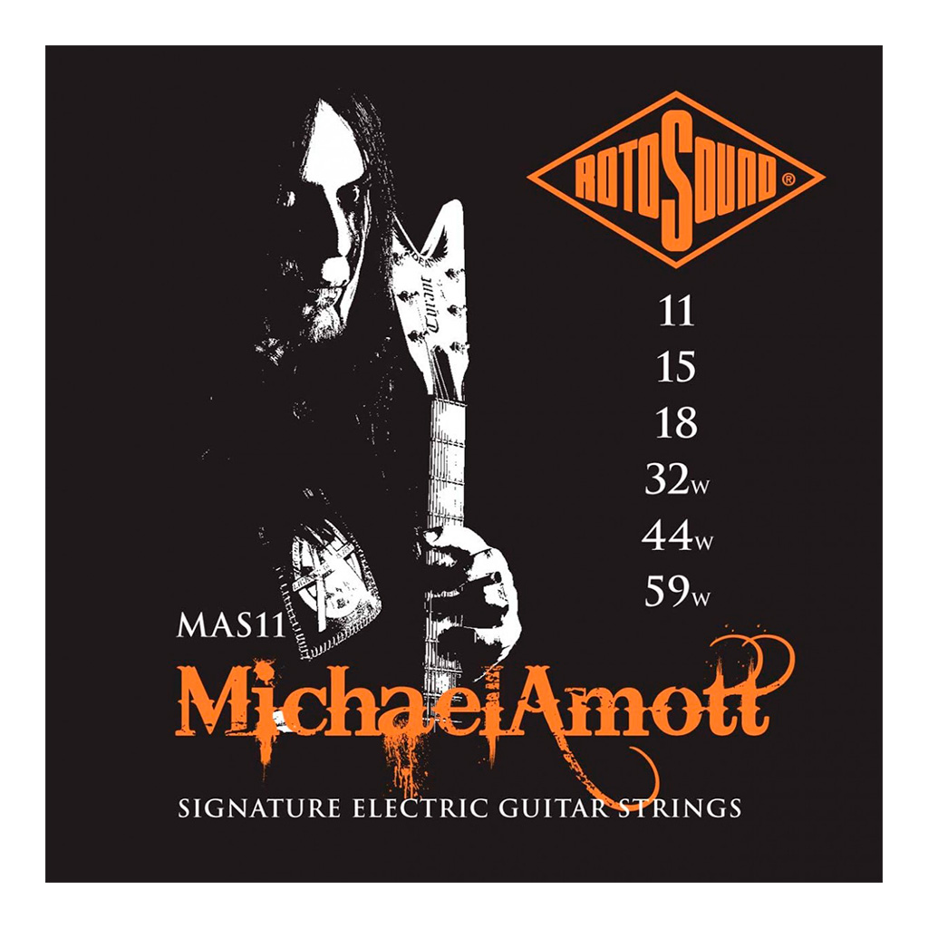 Encordadura híbrida RotoSound para guitarra eléctrica serie Signature Michael Amott de 6 cuerdas calibre medio 11, 15, 18, 32w, 44w y 59w, núcleo de acero entorchado en níquel. MAS11
