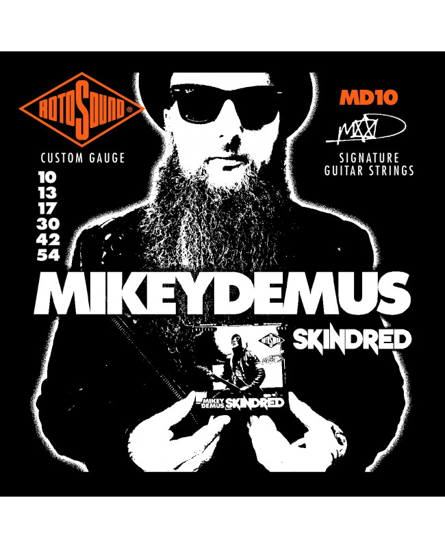 Encordadura híbrida RotoSound para guitarra eléctrica serie Signature Mikey Demus de 6 cuerdas calibre medio 10, 13, 17, 30, 42 y 54, núcleo de acero entorchado en níquel. MD10