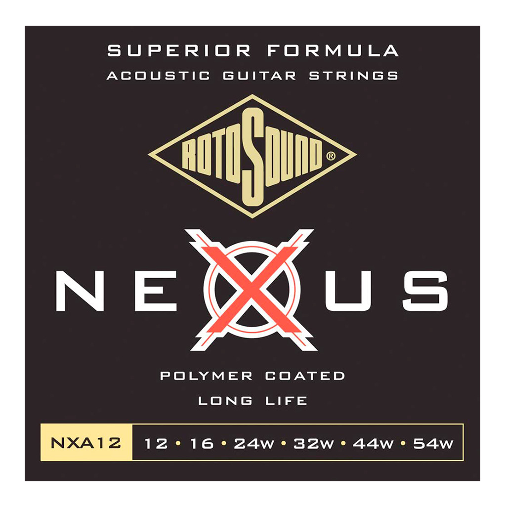 NXA12 Encordadura RotoSound para guitarra acústica/electroacústica Nexus de 6 cuerdas calibre medio-ligero 12, 16, 24w, 32w, 44w y 54w, de núcleo de cuerda estilo piano chapado en platino, entorchado en fósforo de bronce recubierto de polímero. 