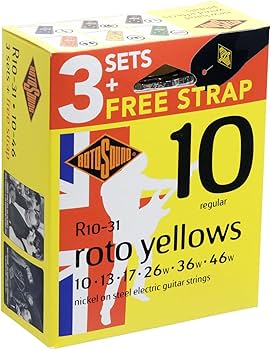 Paquete con 3 sets de encordadura RotoSound para guitarra eléctrica Roto Yellows de 6 cuerdas calibre regular 10, 13, 17, 26w, 36w y 46w, núcleo de acero entorchado en níquel y tahali sencillo de regalo. R10-31