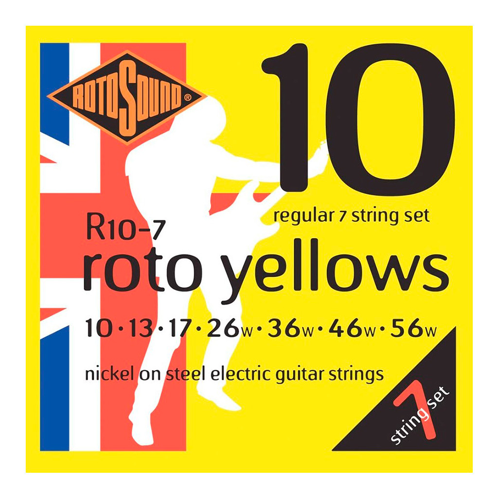 Encordadura RotoSound para guitarra eléctrica Roto Yellows de 7 cuerdas calibre regular 10, 13, 17, 26w, 36w, 46w y 56w, núcleo de acero entorchado en níquel. R10-7