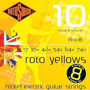 Encordadura RotoSound para guitarra eléctrica Roto Yellows de 8 cuerdas calibre regular 10, 13, 17, 30w, 42w, 54w, 64w y 74w, núcleo de acero entorchado en níquel. R10-8