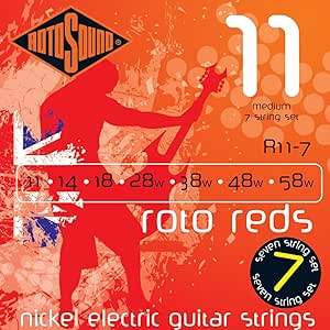 R11-7 Encordadura RotoSound para guitarra eléctrica Roto Reds de 7 cuerdas calibre medio 11, 14, 18, 28w, 38w, 48w y 58w, núcleo de acero entorchado en níquel. 