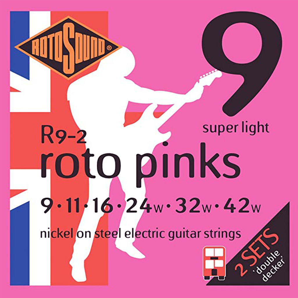 Set de 2 paquetes de encordadura RotoSound para guitarra eléctrica Roto Pinks de 6 cuerdas calibre super ligero 9, 11, 16, 24w, 32w y 42w, núcleo de acero entorchado en níquel. R9-2