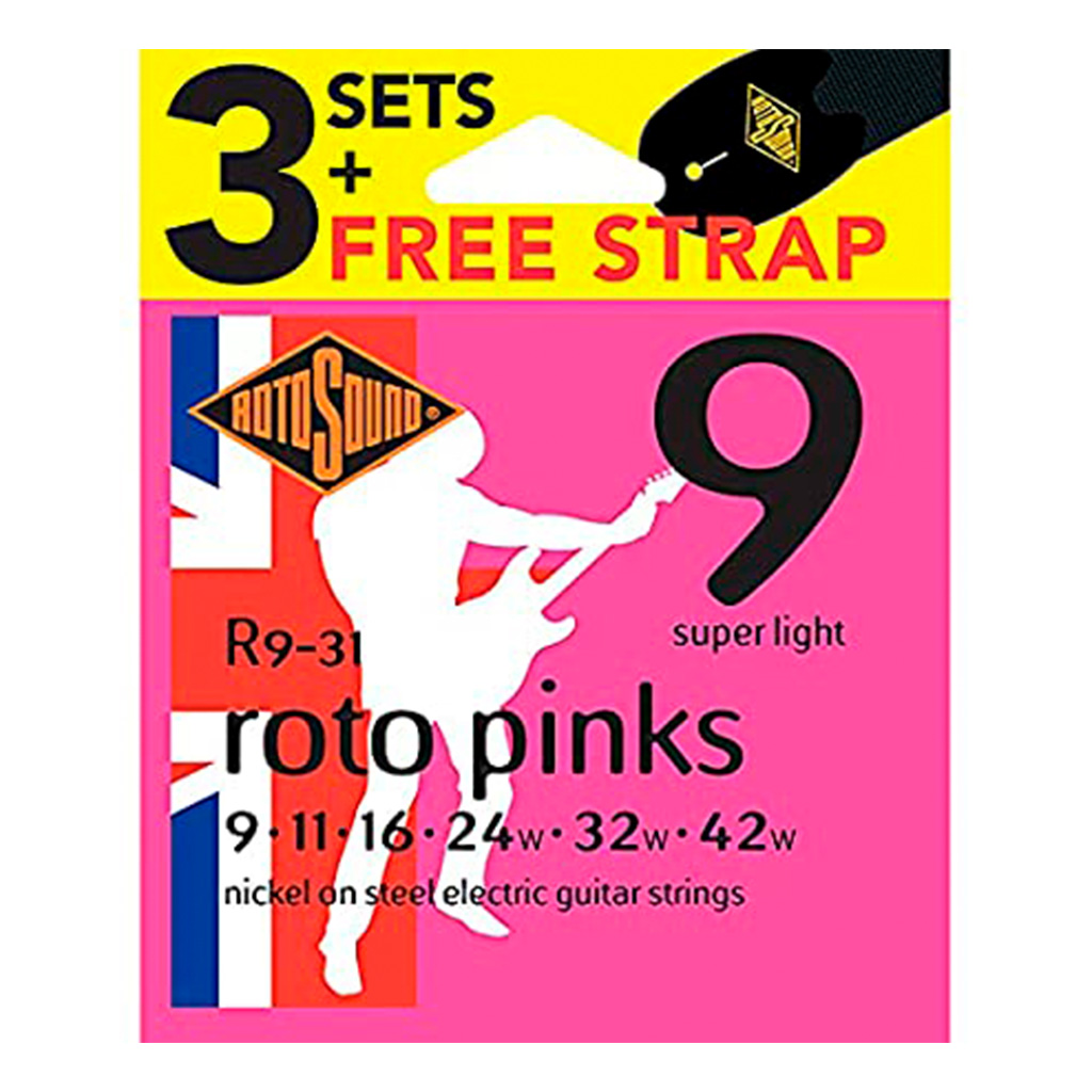 Paquete con 3 sets de encordadura RotoSound para guitarra eléctrica Roto Pinks de 6 cuerdas calibre super ligero 9, 11, 16, 24w, 32w y 42w, núcleo de acero entorchado en níquel y tahali sencillo de regalo. R9-31