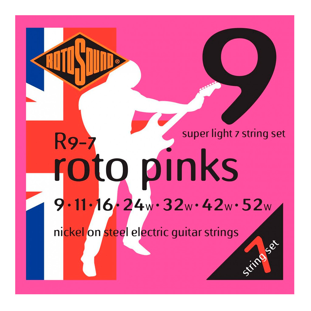 Encordadura RotoSound para guitarra eléctrica Roto Pinks de 7 cuerdas calibre super ligero 9, 11, 16, 24w, 32w, 42w y 52w, núcleo de acero entorchado en níquel. R9-7