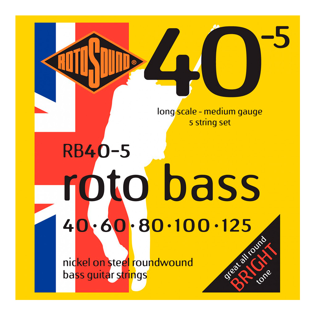 Encordadura RotoSound para bajo eléctrico Roto Bass de 5 cuerdas calibre estándar 45, 65, 85, 105 y 130, escala larga, núcleo de acero inoxidable y entorchado en níquel. RB40-5
