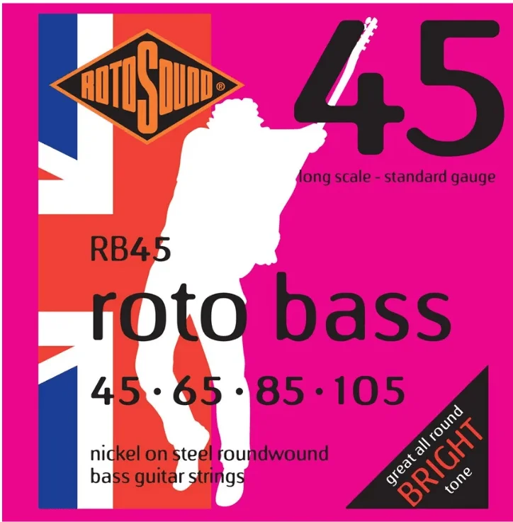 Encordadura RotoSound para bajo eléctrico Roto Bass de 4 cuerdas calibre estándar 45, 65, 85 y 105, escala larga, núcleo de acero inoxidable y entorchado en níquel. RB45