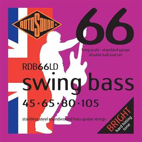 Encordadura de doble borla RotoSound para bajo eléctrico Swing Bass 66 de 4 cuerdas calibre estándar 45, 65, 80 y 105, escala larga, entorchado de acero inoxidable. RDB66LD
