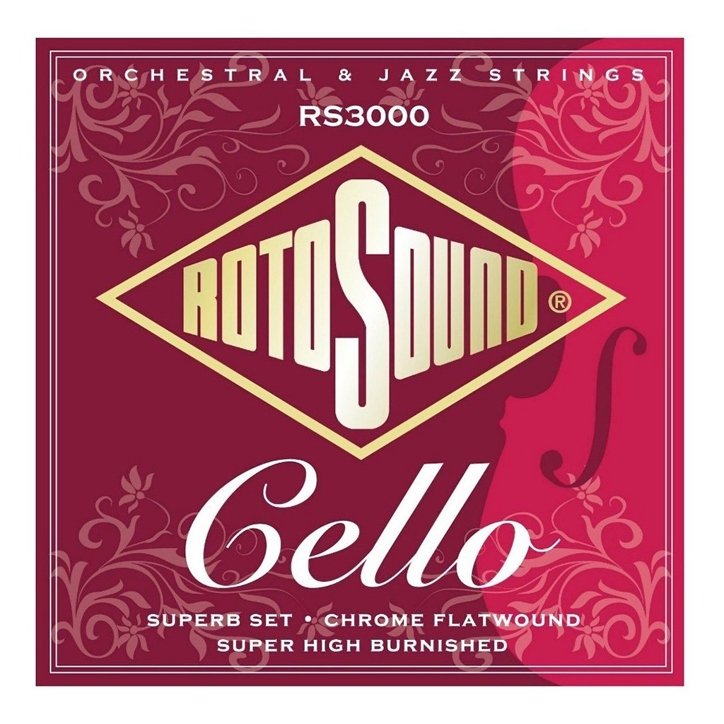 Encordadura RotoSound para cello serie SuperB Set de 4 cuerdas calibre estándar para medidas 3/4 o 4/4 de entorchado plano en cromo. RS3000