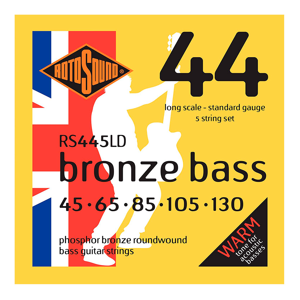 Encordadura RotoSound para bajo acústico/electroacústico Bronze Bass 44 de 5 cuerdas calibre estándar 45, 65, 85, 105 y 130, escala larga, entorchado en fósforo de bronce. RS445LD