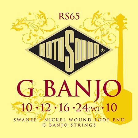 Encordadura RotoSound para banjo en G Swanee de 5 cuerdas calibre estándar 10, 12, 15, 19w y 10, entochado en níquel. RS65
